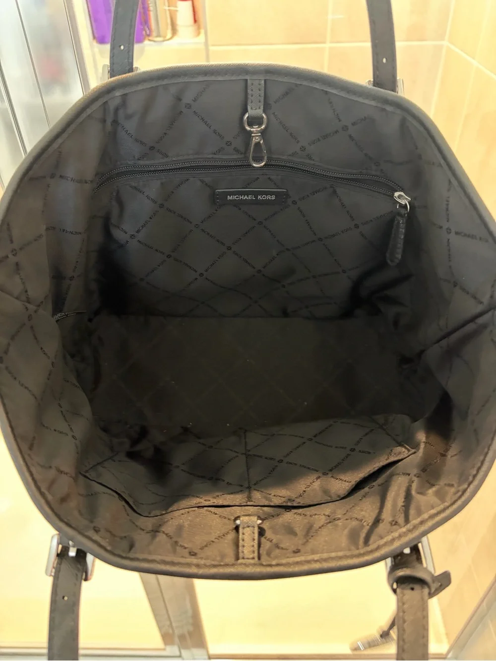 Michael Kors Black Tote with Grey Center Stripe